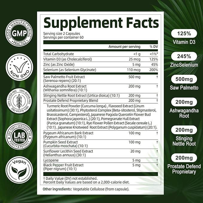 Organic Saw Palmetto - Prostate Health Supplements for Men with Ashwagandha Root, Stinging Nettle, Pumpkin Seed, Prostate Defend Propnietary Blend, DHT Blocker, 120 Count