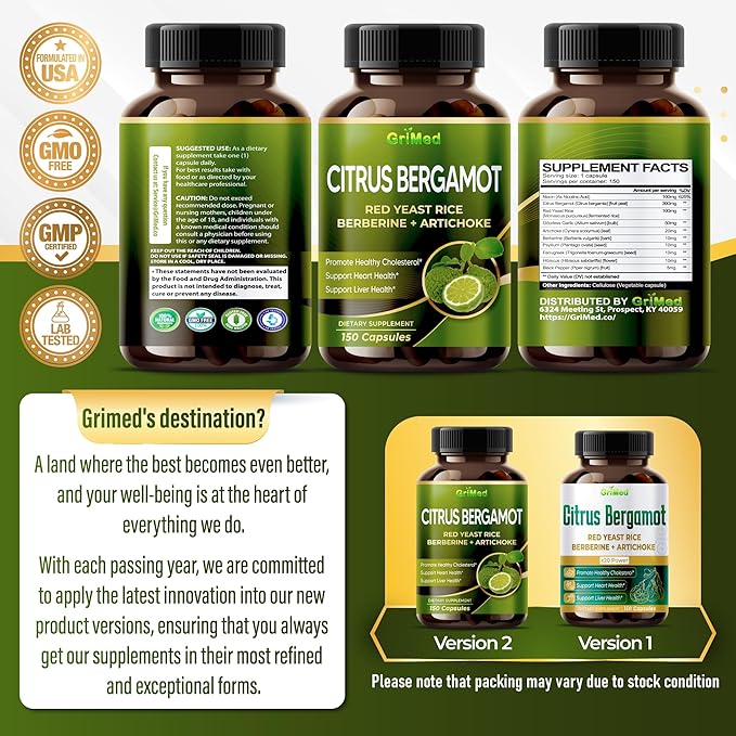 Citrus Bergamot 50:1 Extract 20,400mg with Red Yeast Rice, Garlic, Artichoke for Healthy Cholesterol, Heart Health - Made in The USA (150 Count (Pack of 1))