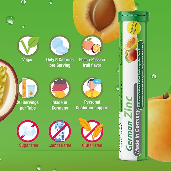 T&D German Zinc 5 mg - 40 Vegan Drink Effervescent Tablets - Peach-Passionfruit Flavor - Made in Germany