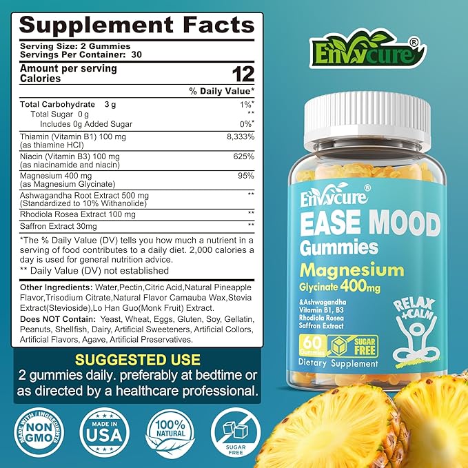 Sugar Free Magnesium Glycinate Gummies 400mg with Ashwagandha, B1, B3, Rhodiola Rosea & Saffron for Support Rest, Mood & Energy Calm Magnesium Gummies for Adults, Chewable Magnesium Supplement, 60Ct