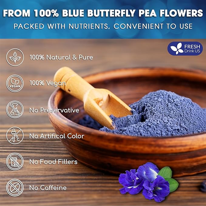 FreshDrinkUS Premium 16oz Butterfly Pea Flower Powder, 100% Natural and Pure, No Additives, No Gluten, No Sugar, Vegan