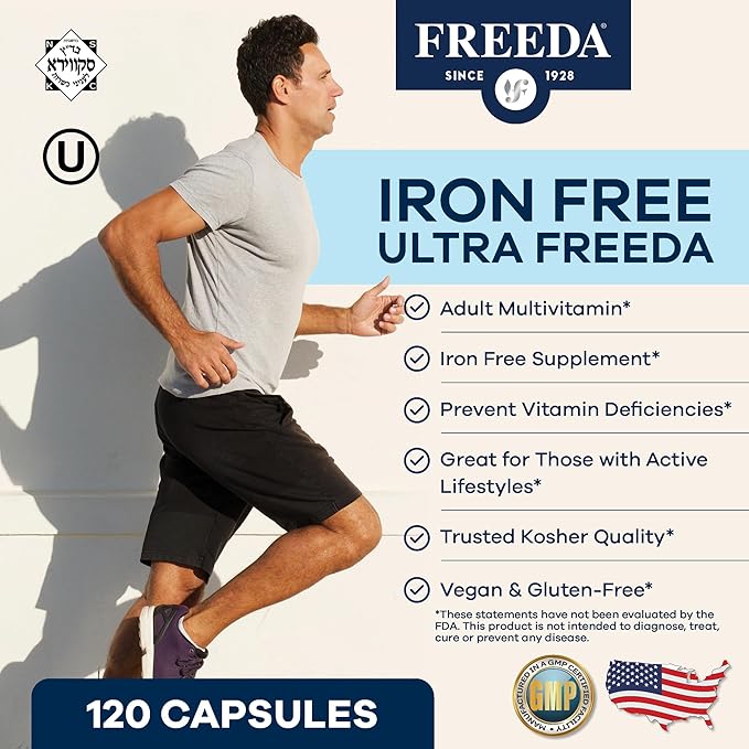 FREEDA Multivitamin - Iron Free Ultra Kosher Multi Vitamins Supplements for Women Health - Men’s Vitamins for Men Health - Multivitamins for Men & Women Adult Vitamins Multivitamin, 120
