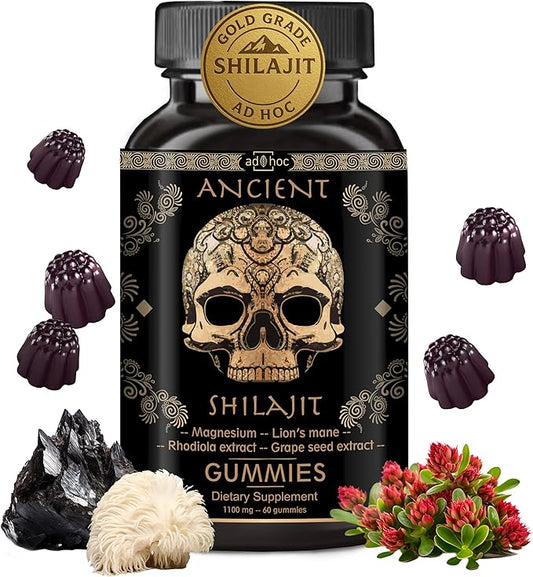 ad hoc 1100mg Gold Shilajit Gummies with Magnesium, Lions Mane, Rhodiola, Grape Seed - Himalayan Shilajit for Men Women, 85+ Trace Minerals & Fulvic Acid, Pure Shilajit for Energy Immune Support,60 Ct