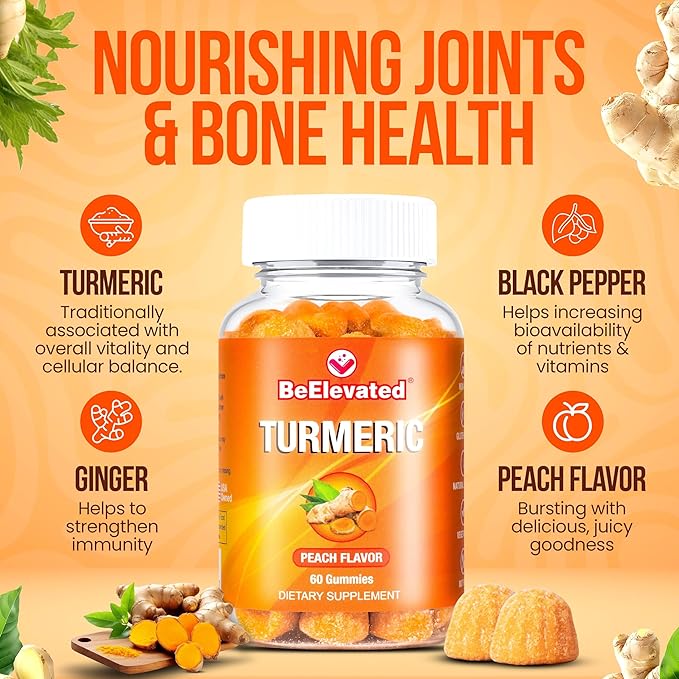 Curcumin Turmeric Gummies – Extra Strength 2000mg 8:1 Extract Turmeric Supplement Gummies with Black Pepper & Ginger – Vegan Non-GMO Joint Support Chewables – Peach Flavor, 60 Count