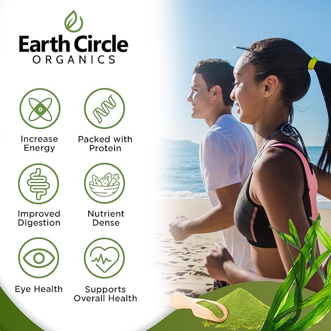 Earth Circle Organics Spirulina Powder, Kosher, Raw and Non-Irradiated | Pure Vegan Protein | Premium Energy Superfood, High in Amino Acids and Antioxidants - (8oz - 2Pack)