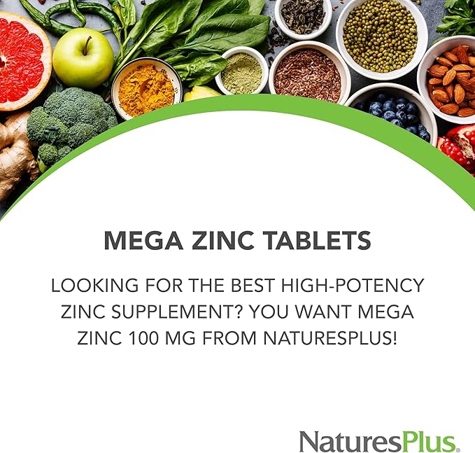 NaturesPlus Mega Zinc 100 mg Sustained Release - 90 Tablets - Vegetarian, Gluten Free - 90 Servings