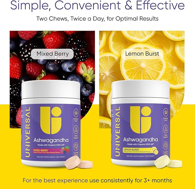 Ashwagandha KSM- 66 Chews - Daily Stress, Cognitive Function and Mood Support Chewable Supplement, Highly Bioavailable Full Spectrum KSM66 Ashwagandha Root Extract, Calm & Relaxation - Lemon, 60 Count