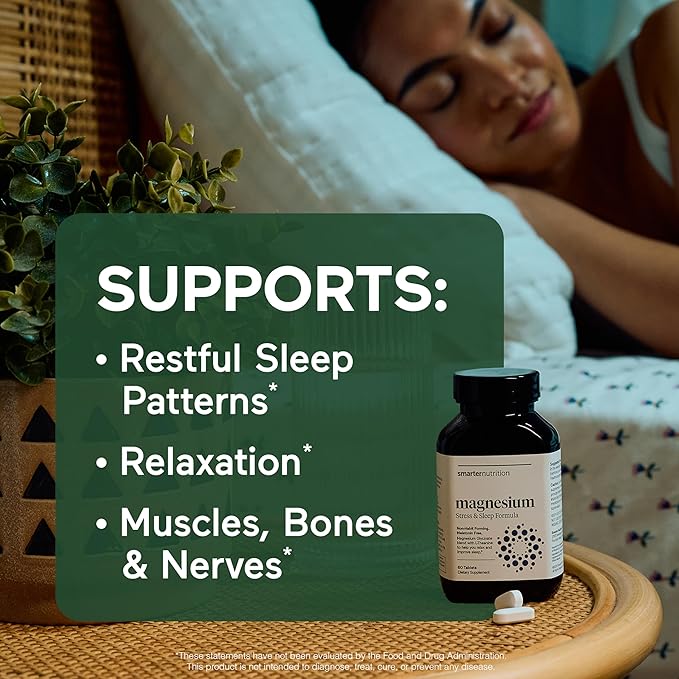 Smarter Nutrition Magnesium Complex - Chelated Magnesium Glycinate + Citrate, Malate for Sleep, Relaxation, Muscle & Nerves + Clinically Proven L-Theanine, Non-GMO-180 Tablet[90-Day Supply]