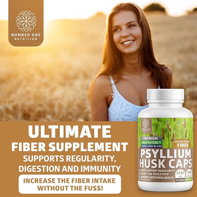 N1N Premium Psyllium Husk Capsules [All Natural,1450 MG] Powerful Soluble Fiber Supplement to Support Regularity and Digestive Health, 240 Caps