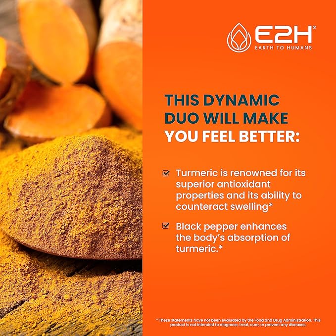E2H Liquid Turmeric Curcumin for Better Absortion - Natural Joint Support - Turmeric Root Extract with Black Pepper Seed - Boost Your Health - Vegan - Non-GMO - 2 Fl Oz