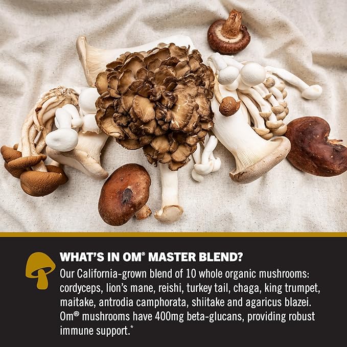 OM MUSHROOM SUPERFOOD Master Blend Mushrooms & Adaptogens Capsules, 168 Count, 56 Servings, 10 Mushroom Complex with Adaptogens for Immune and Stress Relief