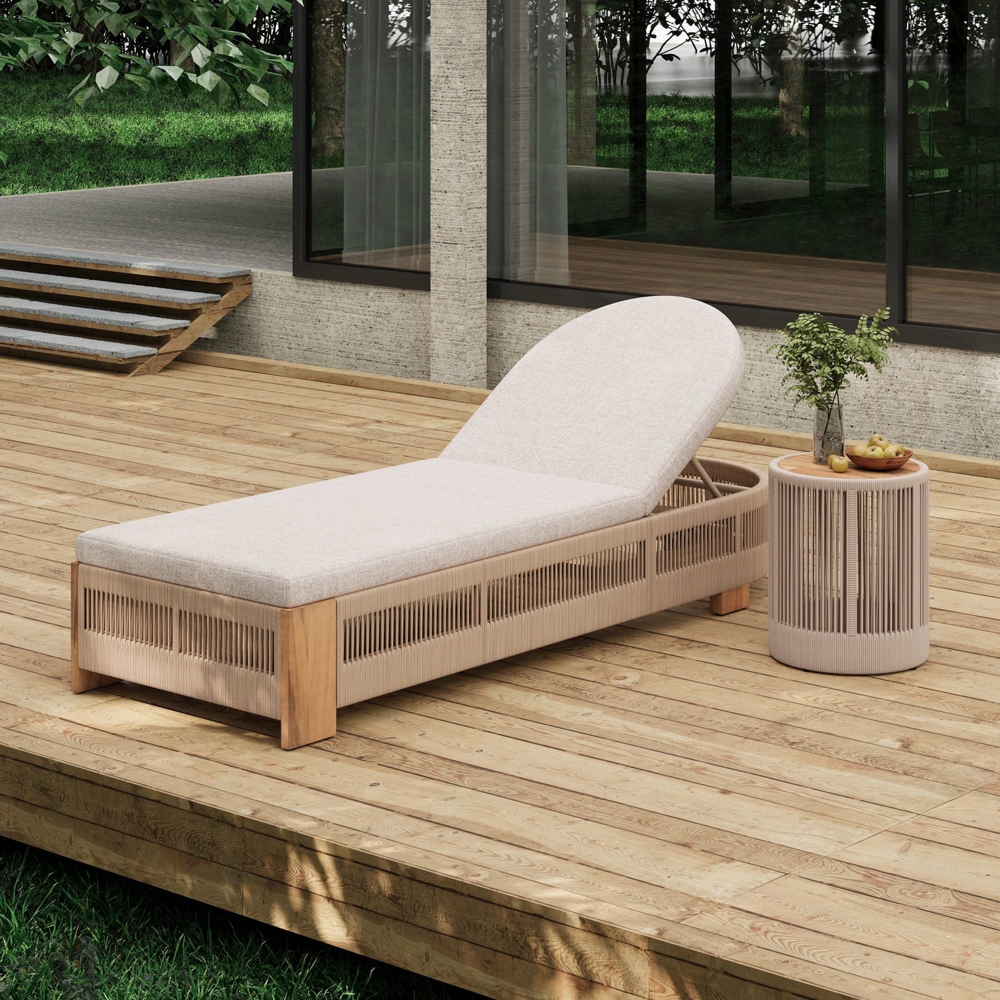 Christopher Knight Home Outdoor Chaise Lounge with Cushion & Side Table, Woven Rope Design, Beige