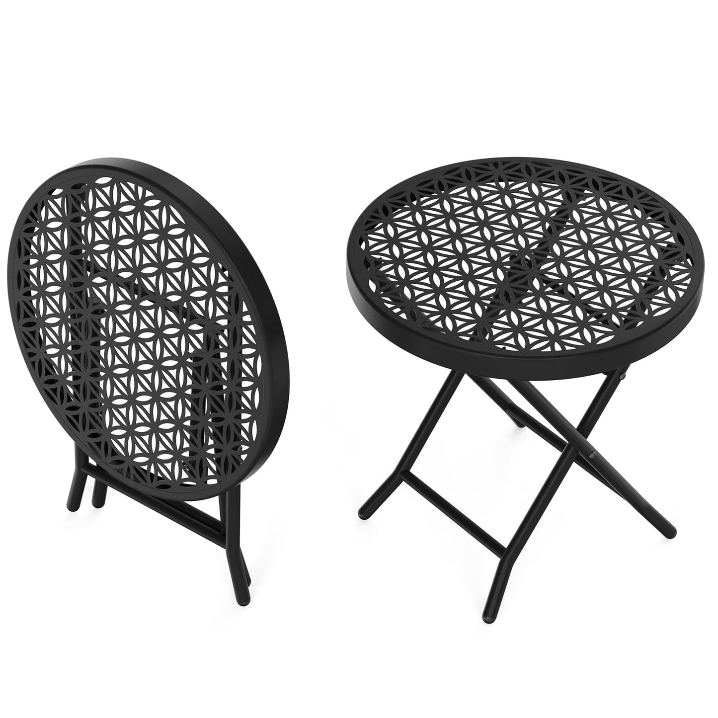 Ktaxon Folding Side Table, Patio Small End Table with X-Shaped, Outdoor Metal Floral Pattern Table for Balcony  Porch Backyard Deck, Black