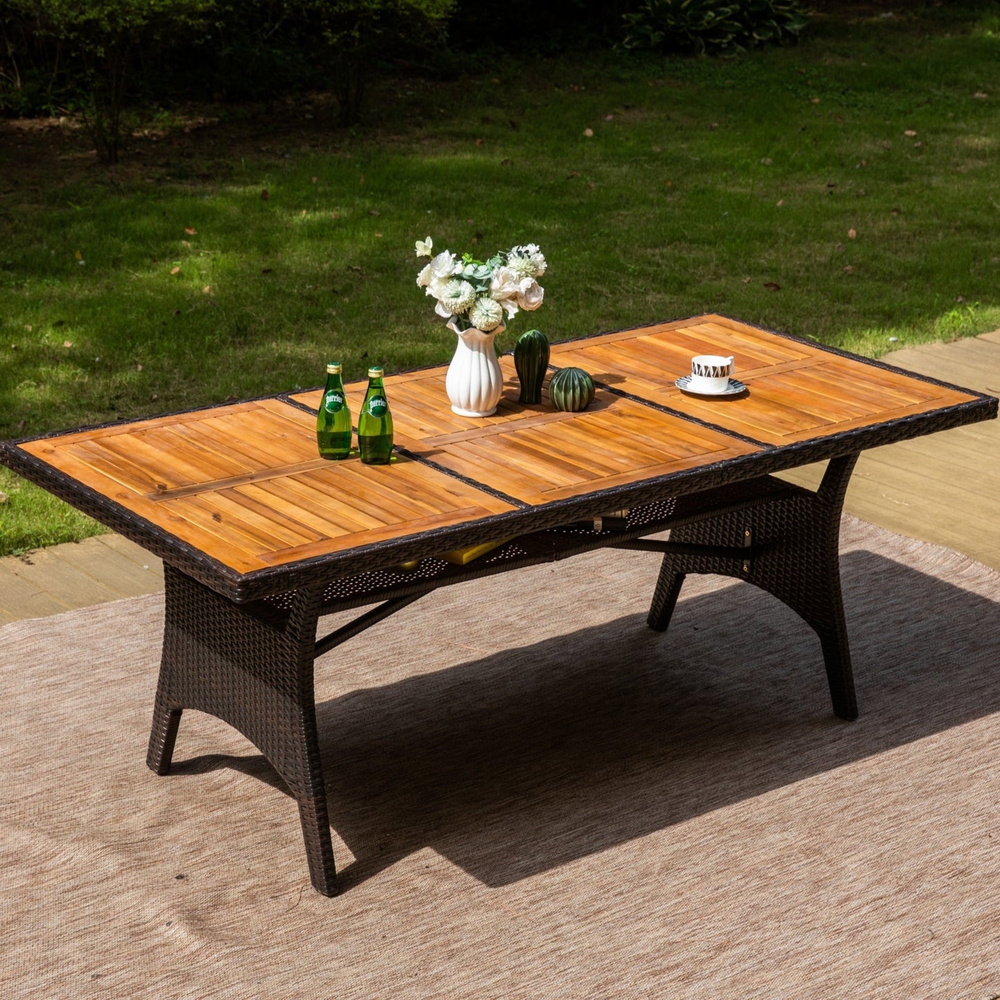 MF Studio 74.8" Patio Table with Acacia Wood Tabletop, 8-Person All-Weather Rattan Outdoor Dining Table, Brown