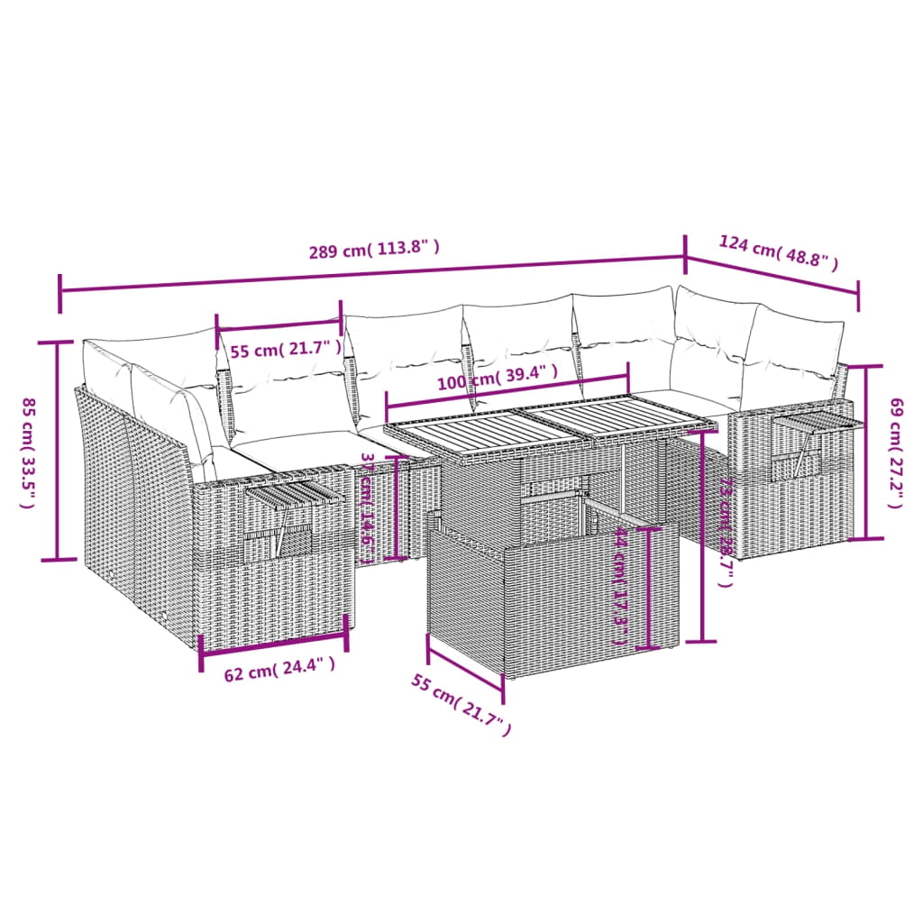 vidaXL Garden Sofa Set Grey PE rattan Large Adjustable Armrests