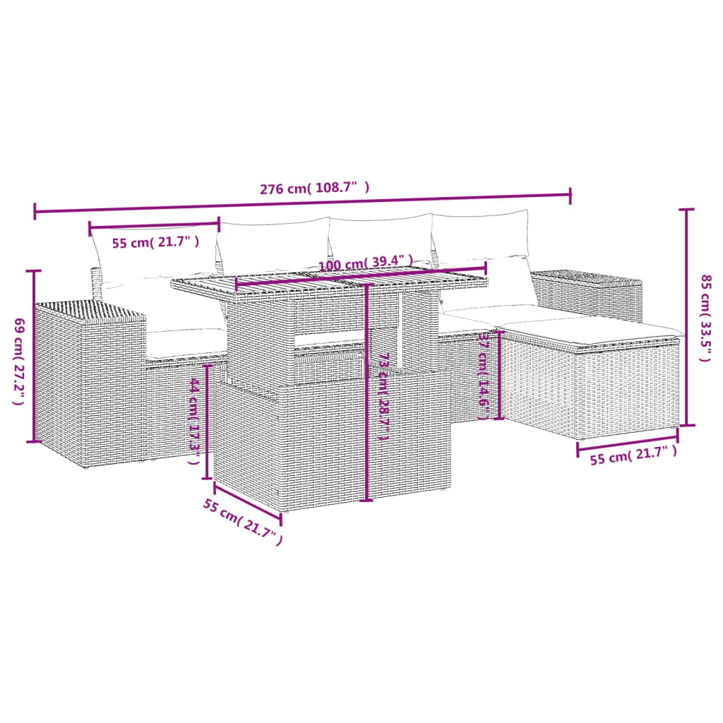 vidaXL Garden Sofa Set Gray PE rattan Medium Adjustable Feet