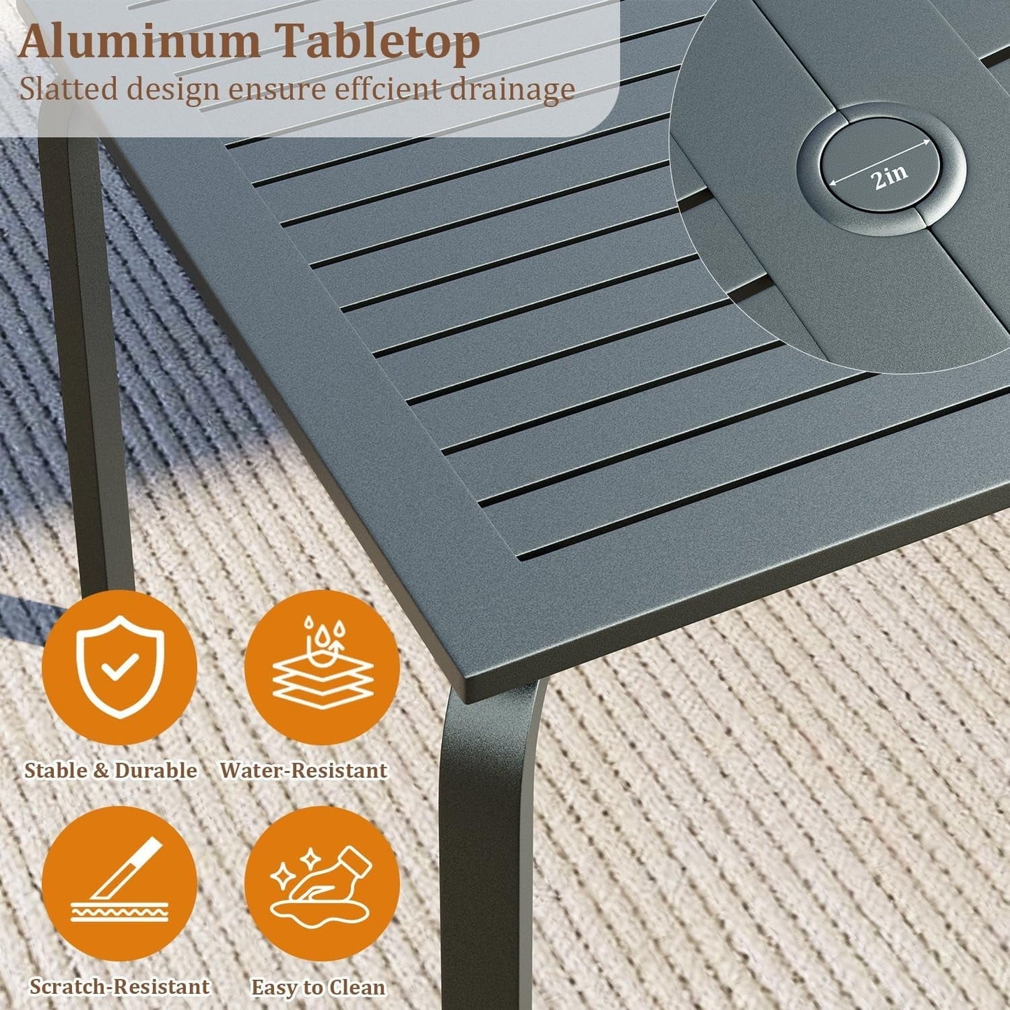 Wildbreak Outdoor Dining Table for 8 Person, 70.9 x 35 x 29", Slat Top & Umbrella Hole, Gray